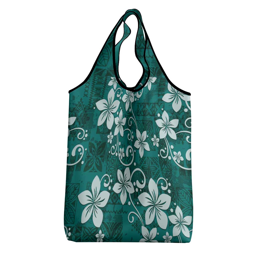 Plumeria Floral Tapa Pattern Crystal Teal Grocery Bag