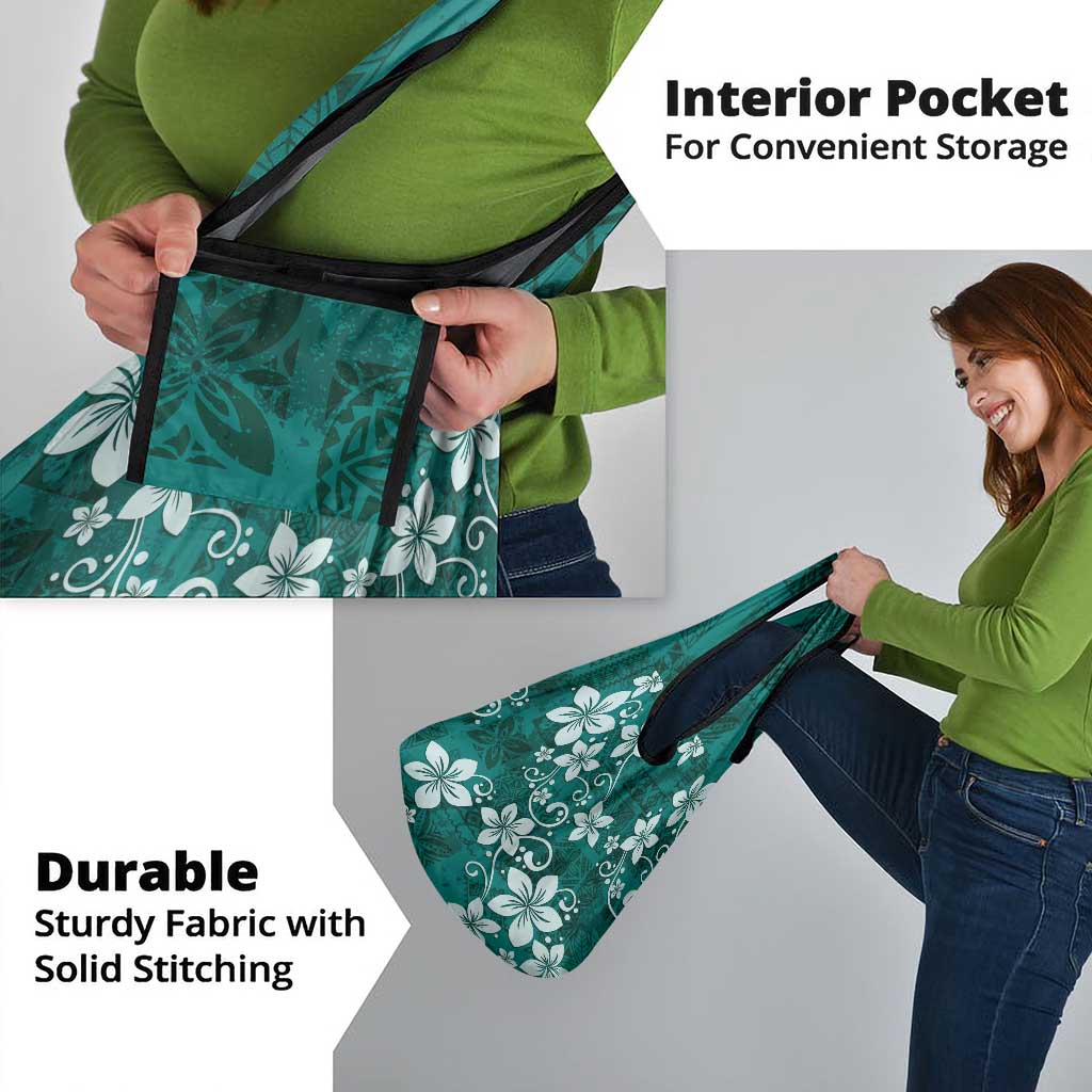 Plumeria Floral Tapa Pattern Crystal Teal Grocery Bag