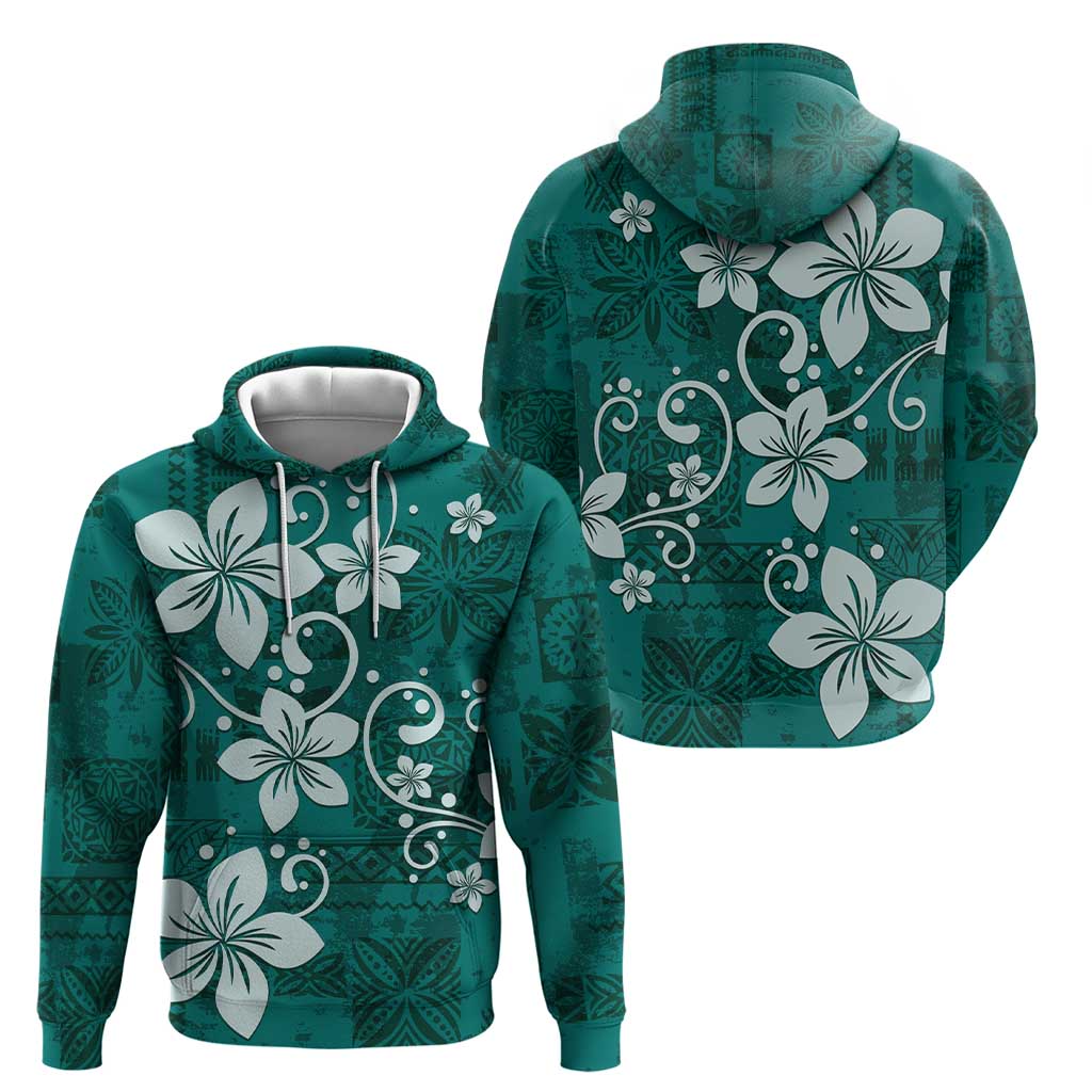 Plumeria Floral Tapa Pattern Crystal Teal Hoodie