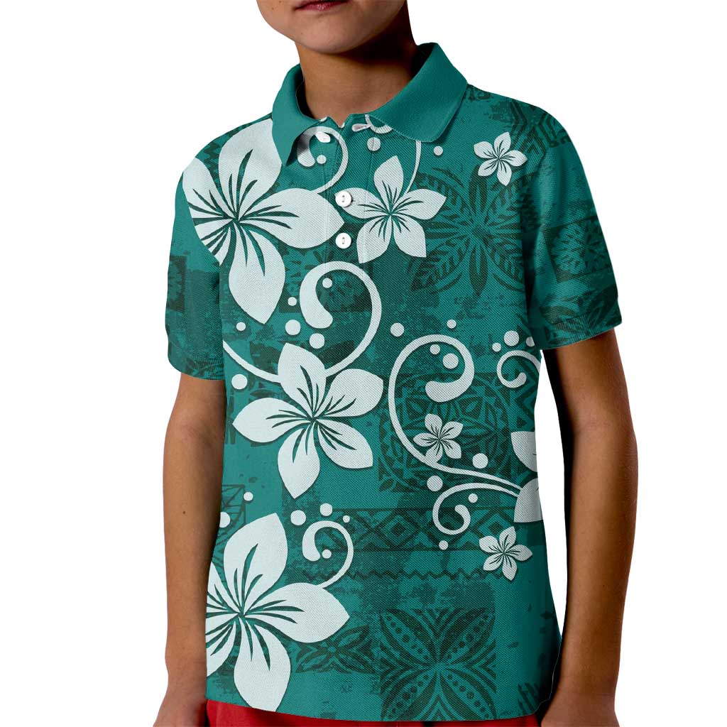 Plumeria Floral Tapa Pattern Crystal Teal Kid Polo Shirt LT01 Kid Teal - Polynesian Pride