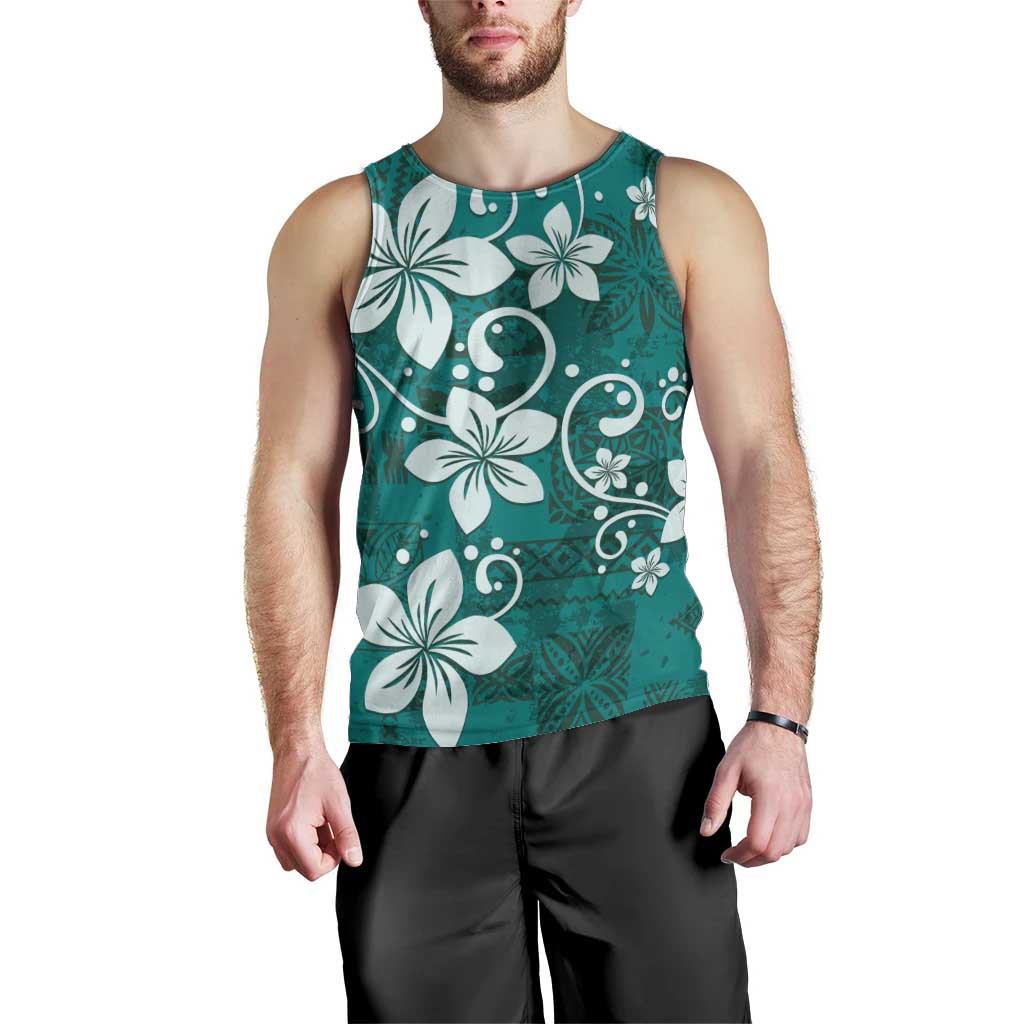 Plumeria Floral Tapa Pattern Crystal Teal Men Tank Top