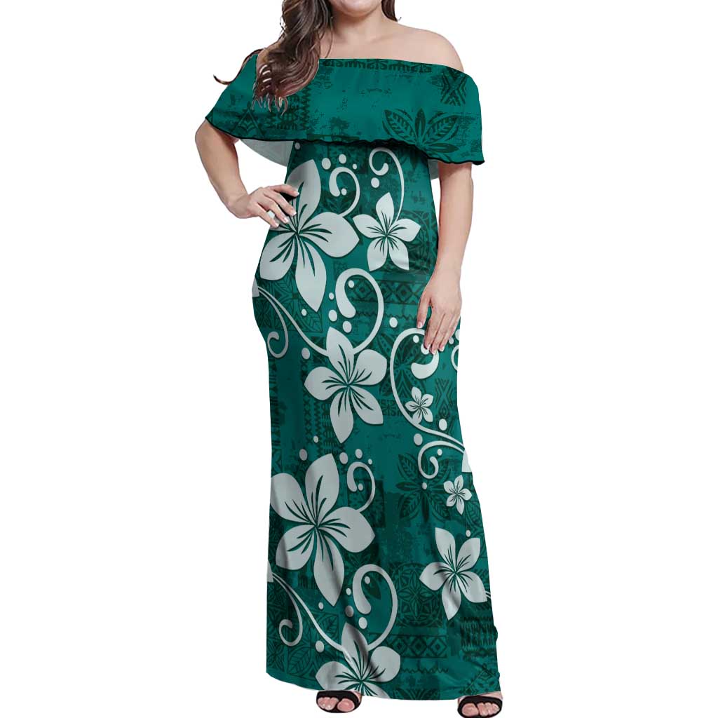 Plumeria Floral Tapa Pattern Crystal Teal Off Shoulder Maxi Dress LT01 Women Teal - Polynesian Pride