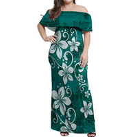 Plumeria Floral Tapa Pattern Crystal Teal Off Shoulder Maxi Dress LT01 Women Teal - Polynesian Pride