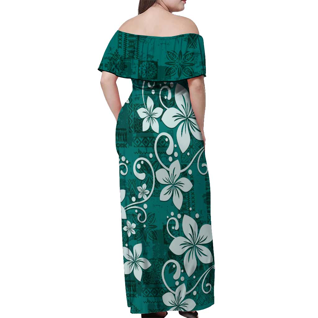Plumeria Floral Tapa Pattern Crystal Teal Off Shoulder Maxi Dress LT01 - Polynesian Pride