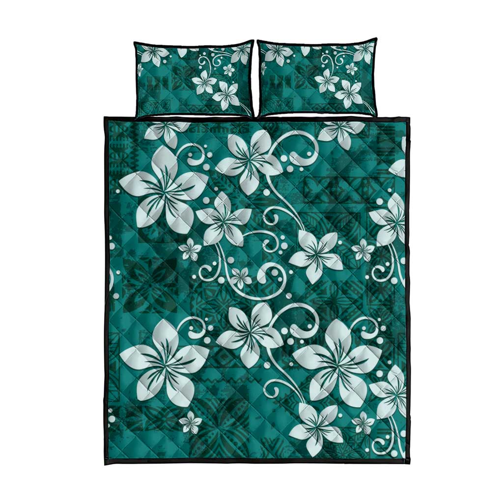 Plumeria Floral Tapa Pattern Crystal Teal Quilt Bed Set