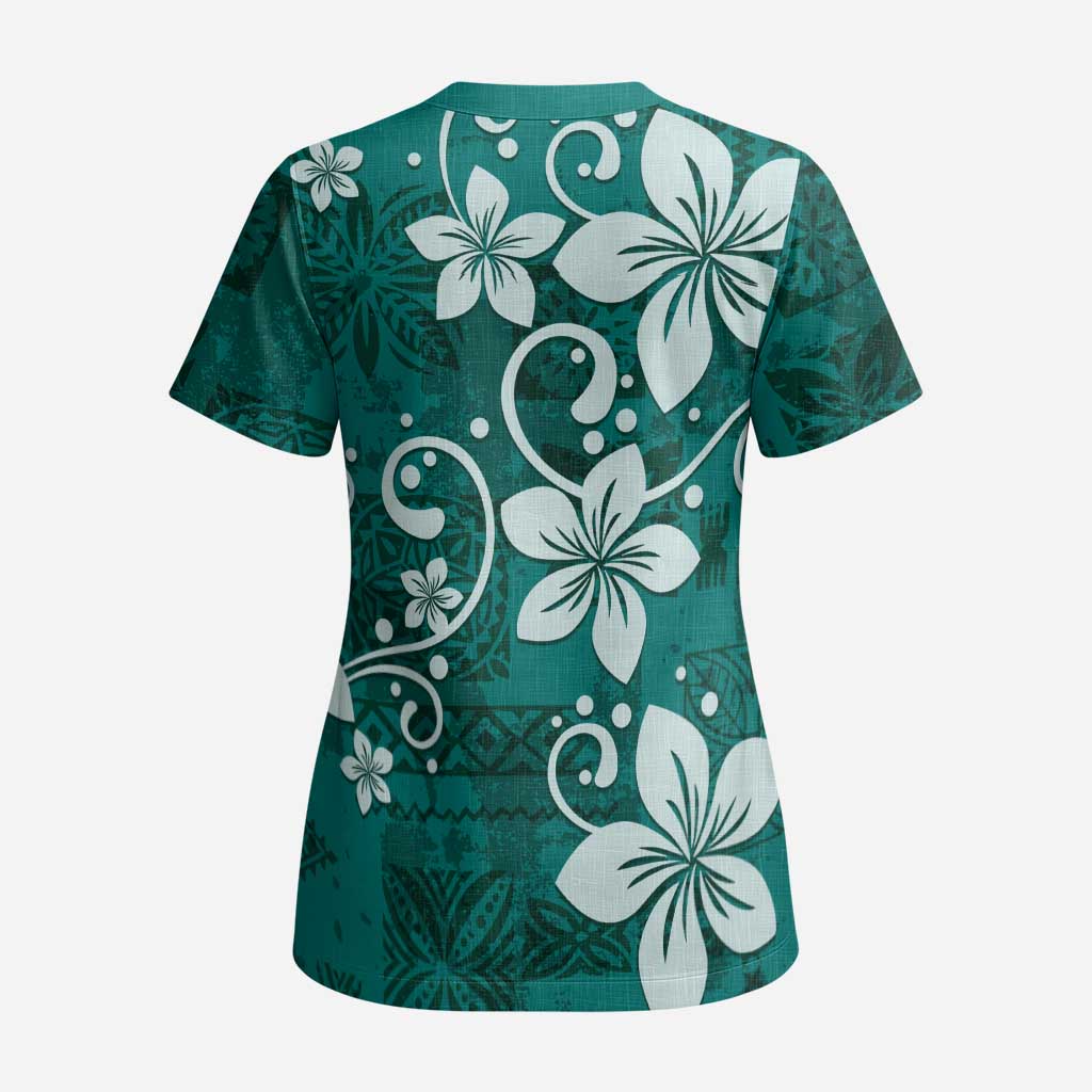 Plumeria Floral Tapa Pattern Crystal Teal Scrub Top - Polynesian Pride