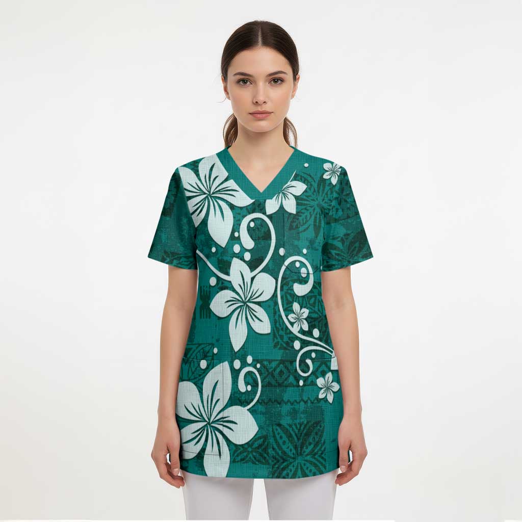 Plumeria Floral Tapa Pattern Crystal Teal Scrub Top - Polynesian Pride