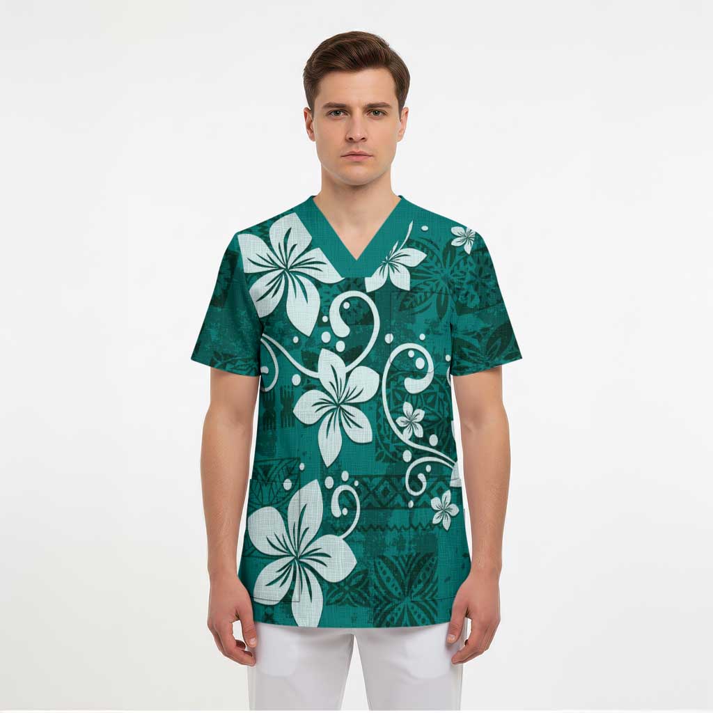 Plumeria Floral Tapa Pattern Crystal Teal Scrub Top - Polynesian Pride