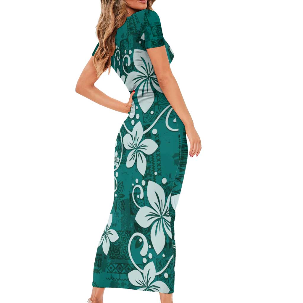 Plumeria Floral Tapa Pattern Crystal Teal Short Sleeve Bodycon Dress