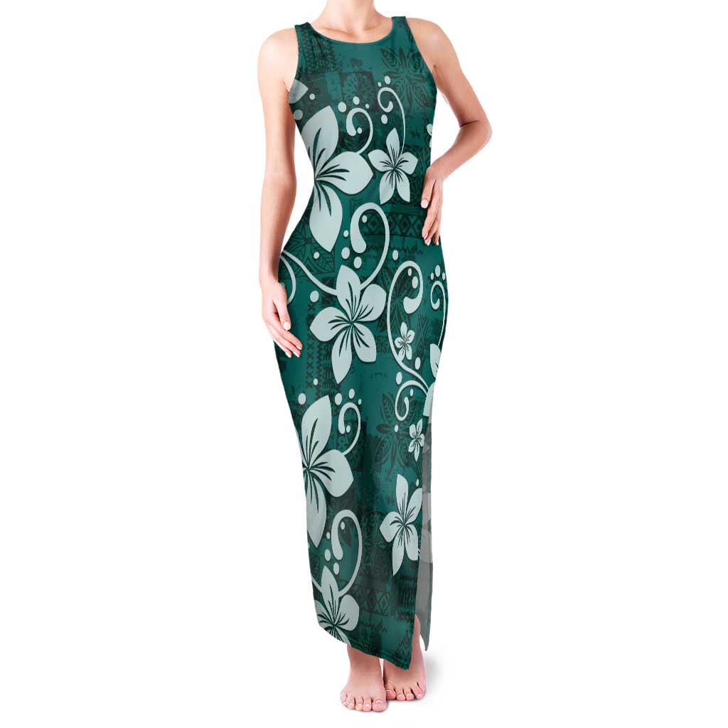 Plumeria Floral Tapa Pattern Crystal Teal Tank Maxi Dress