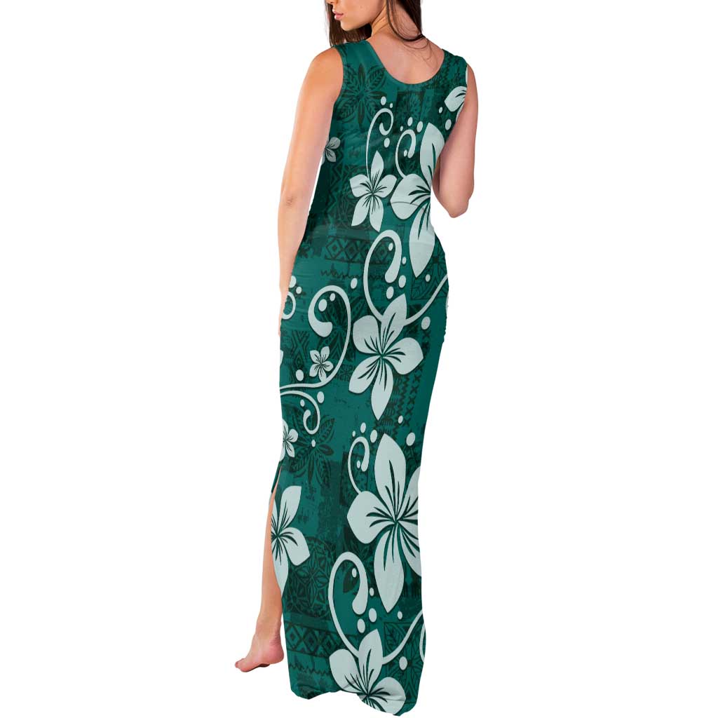 Plumeria Floral Tapa Pattern Crystal Teal Tank Maxi Dress