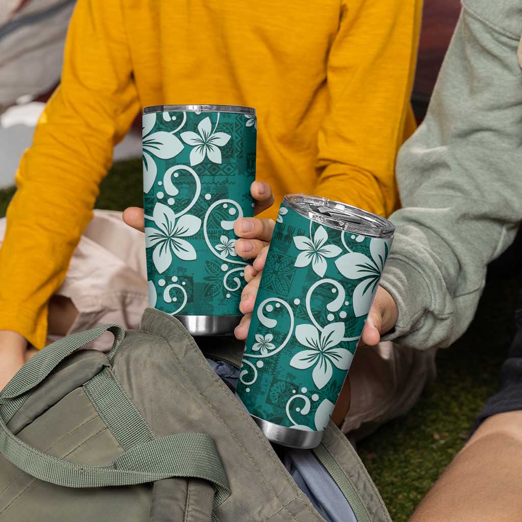 Plumeria Floral Tapa Pattern Crystal Teal Tumbler Cup