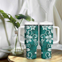Plumeria Floral Tapa Pattern Crystal Teal Tumbler With Handle