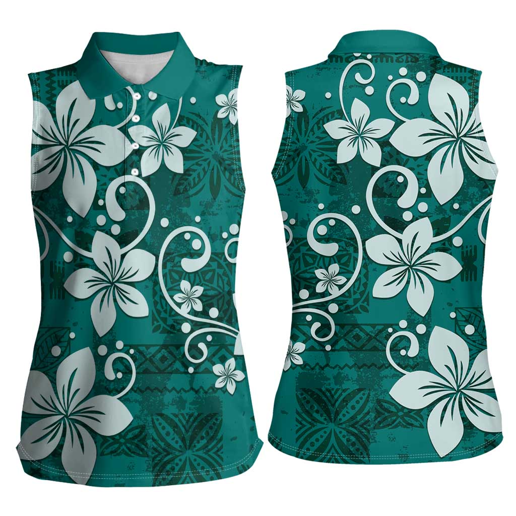Plumeria Floral Tapa Pattern Crystal Teal Women Sleeveless Polo Shirt LT01 - Polynesian Pride