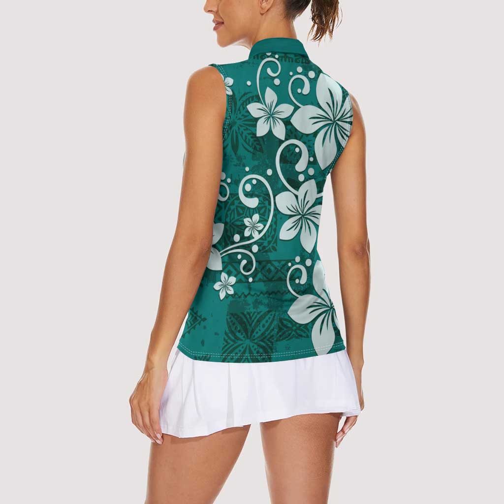 Plumeria Floral Tapa Pattern Crystal Teal Women Sleeveless Polo Shirt LT01 - Polynesian Pride