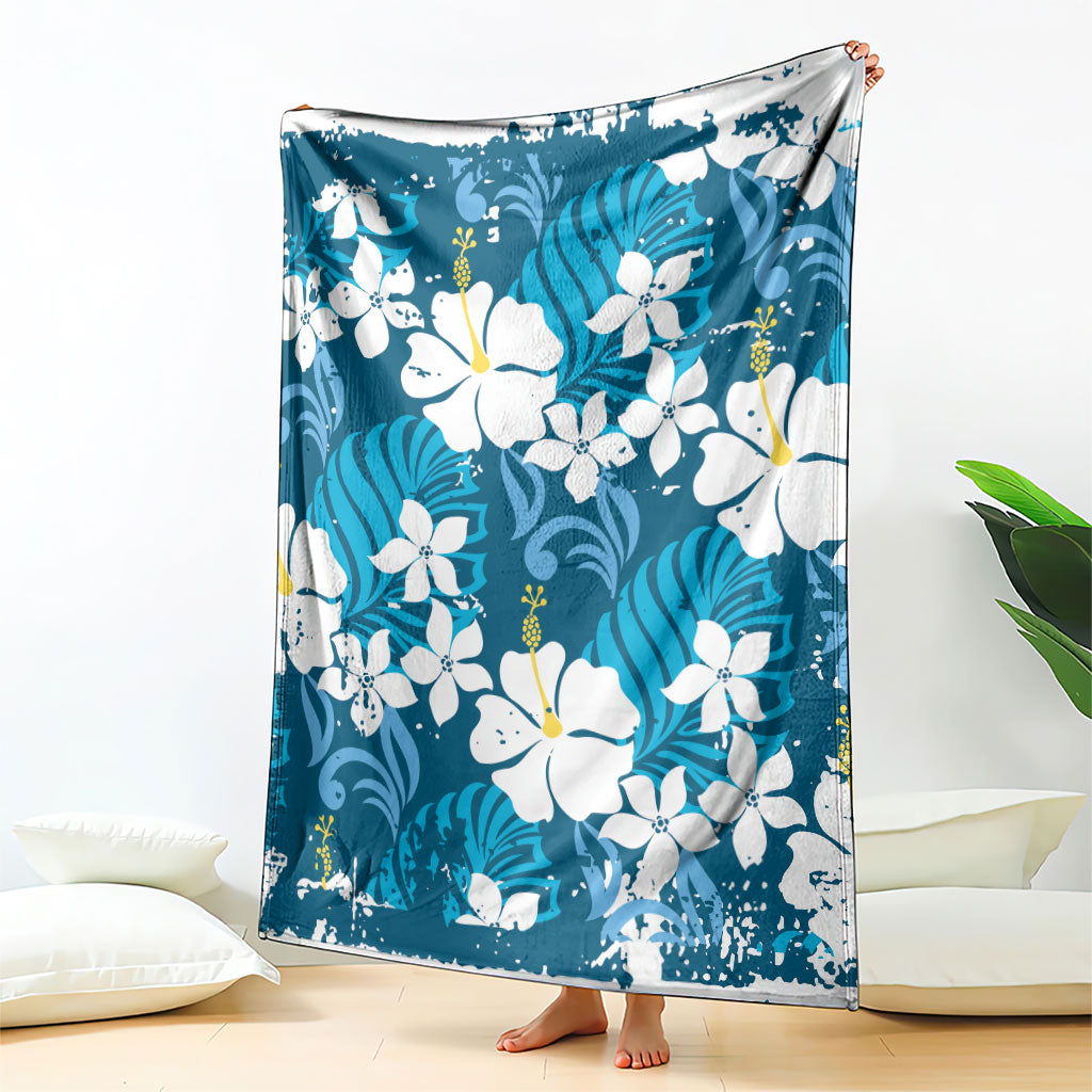 Blue Hawaiian Hibiscus Monstera Blanket Grunge Stylized LT01 - Polynesian Pride