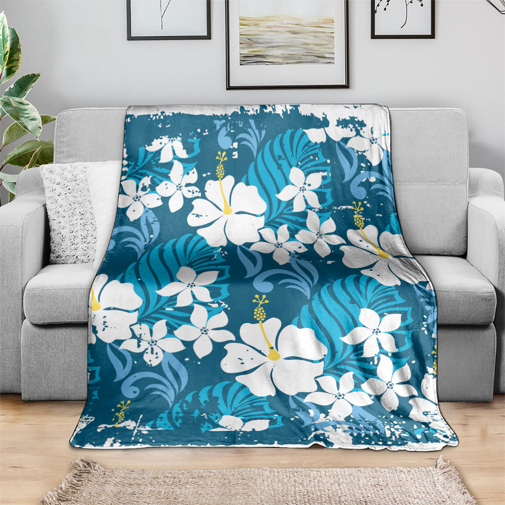 Blue Hawaiian Hibiscus Monstera Blanket Grunge Stylized LT01 - Polynesian Pride