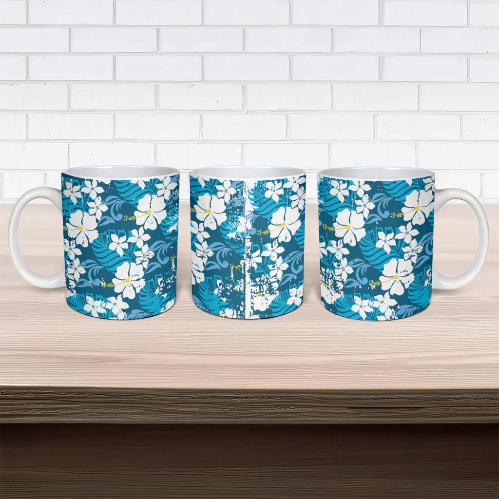 Blue Hawaiian Hibiscus Monstera Ceramic Mug Grunge Stylized LT01 - Polynesian Pride