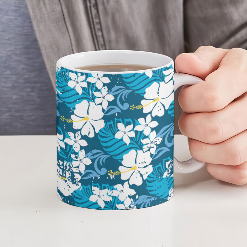 Blue Hawaiian Hibiscus Monstera Ceramic Mug Grunge Stylized LT01 - Polynesian Pride