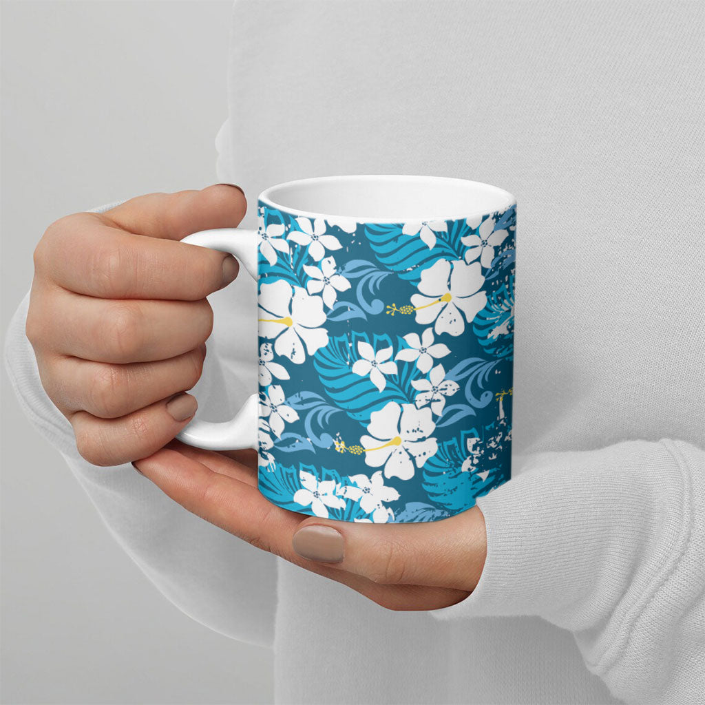 Blue Hawaiian Hibiscus Monstera Ceramic Mug Grunge Stylized LT01 - Polynesian Pride