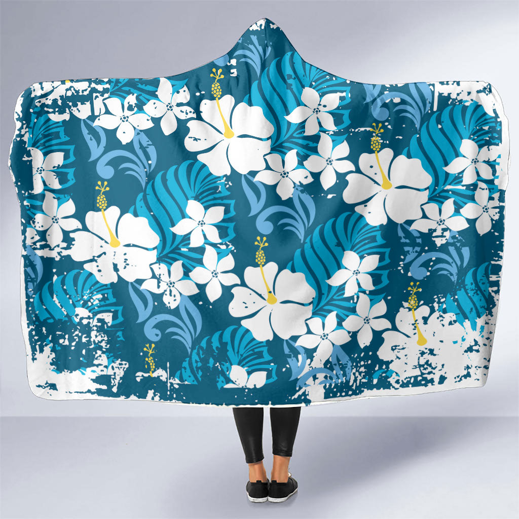 Blue Hawaiian Hibiscus Monstera Hooded Blanket Grunge Stylized