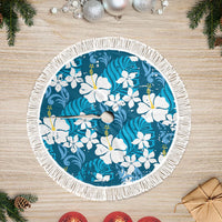 Blue Hawaiian Hibiscus Monstera Tree Skirt Grunge Stylized LT01 Fringed Blue - Polynesian Pride