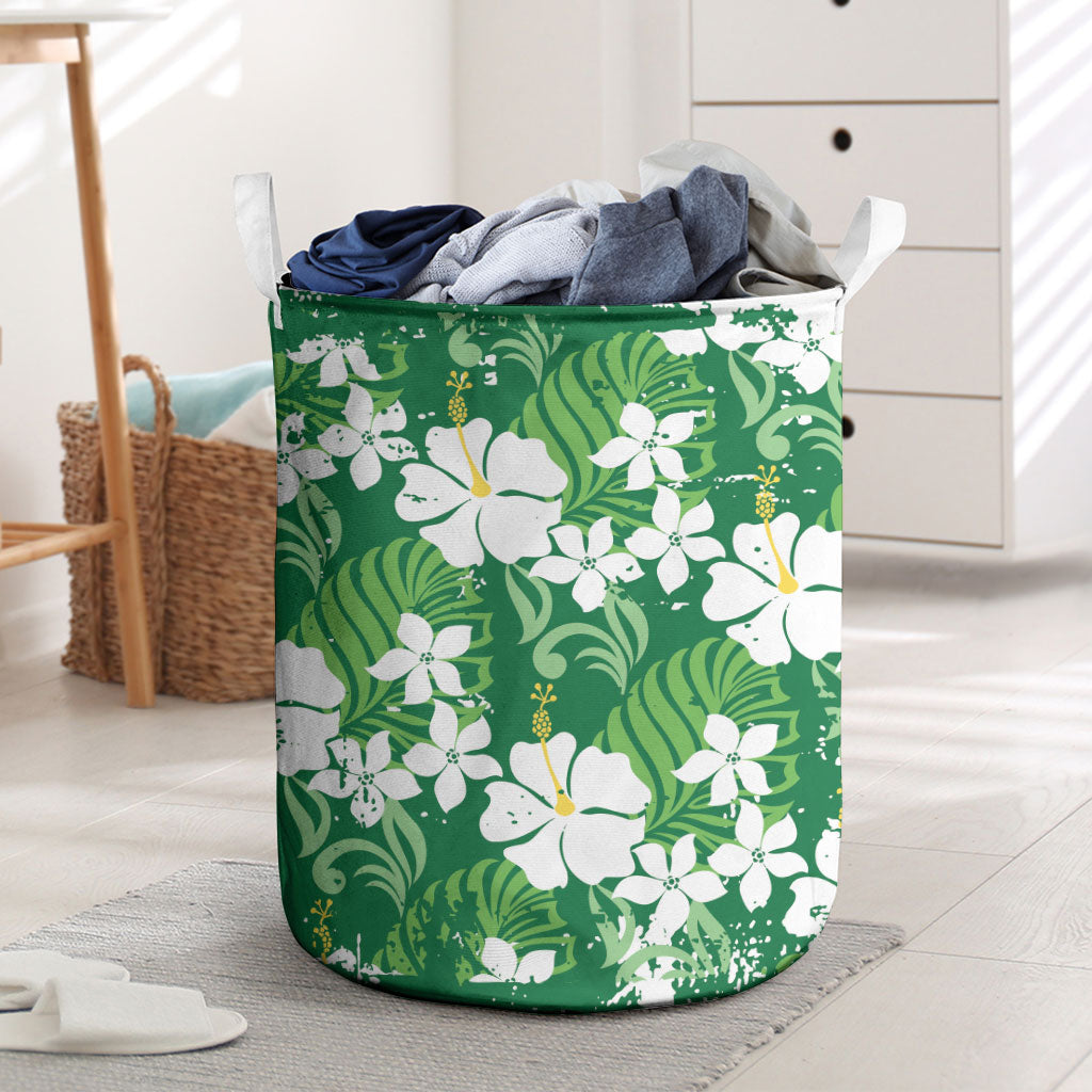 Green Hawaiian Hibiscus Monstera Laundry Basket Grunge Stylized LT01 Green - Polynesian Pride