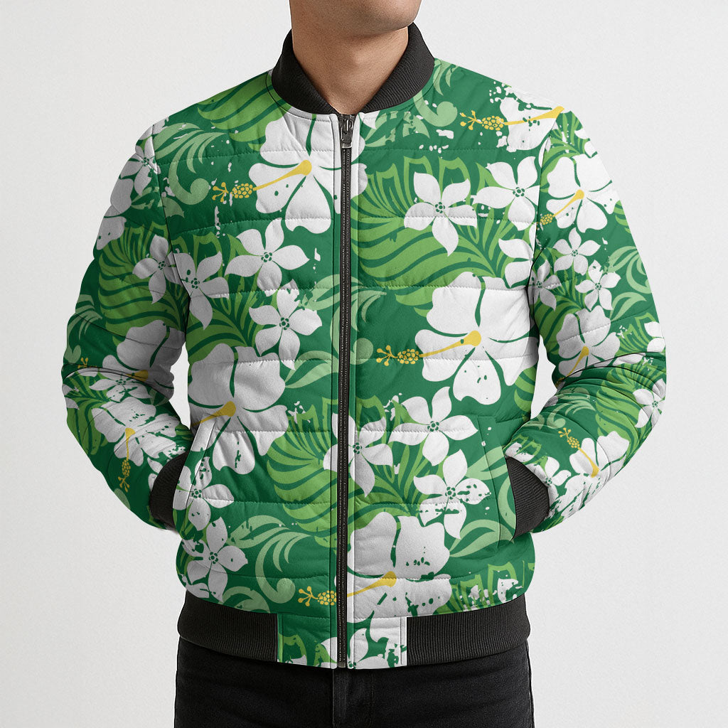 Green Hawaiian Hibiscus Monstera Bomber Puffer Jacket Grunge Stylized LT01 - Polynesian Pride