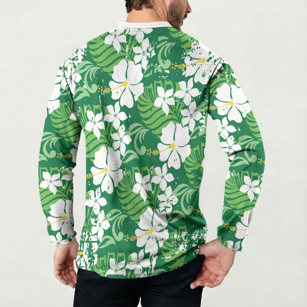 Green Hawaiian Hibiscus Monstera Button Sweatshirt Grunge Stylized LT01 - Polynesian Pride