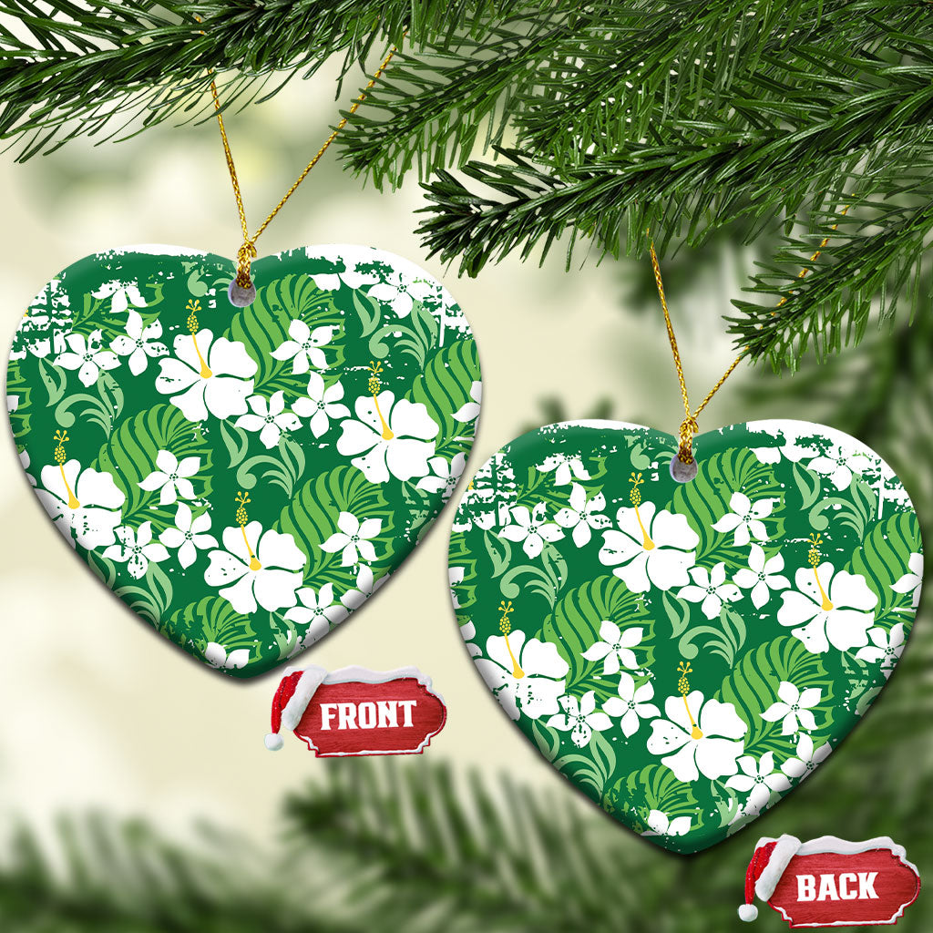 Green Hawaiian Hibiscus Monstera Ceramic Ornament Grunge Stylized LT01 Heart Green - Polynesian Pride