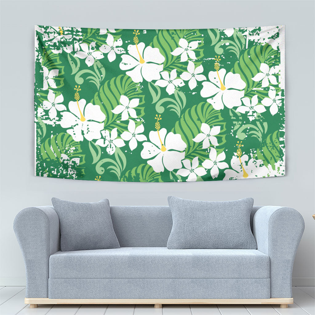 Green Hawaiian Hibiscus Monstera Tapestry Grunge Stylized LT01 - Polynesian Pride