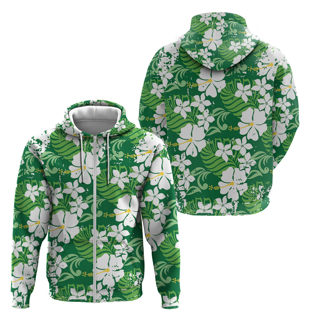 Green Hawaiian Hibiscus Monstera Zip Hoodie Grunge Stylized LT01 - Polynesian Pride