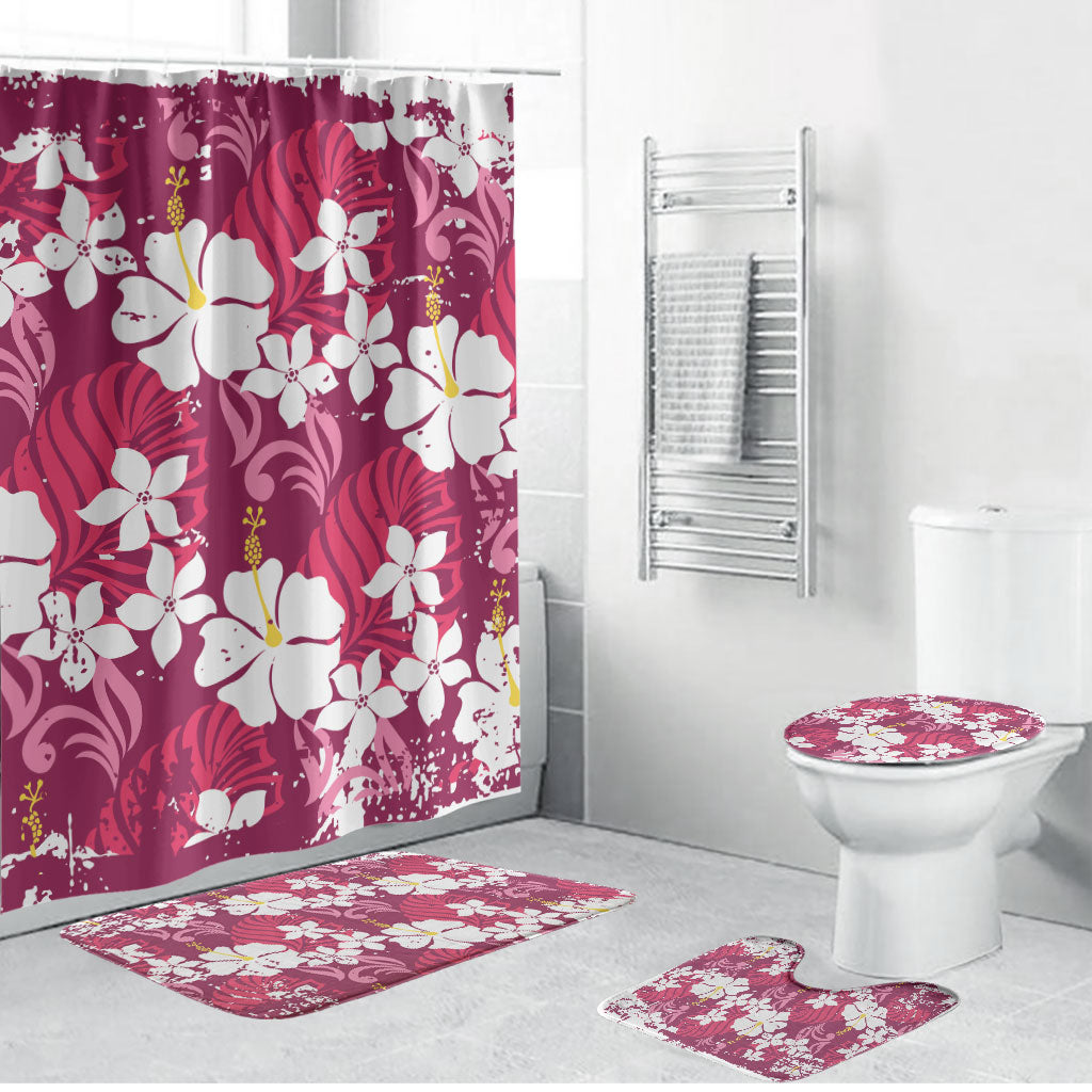 Pink Hawaiian Hibiscus Monstera Bathroom Set Grunge Stylized LT01 Bathroom Set (4 pcs) Pink - Polynesian Pride