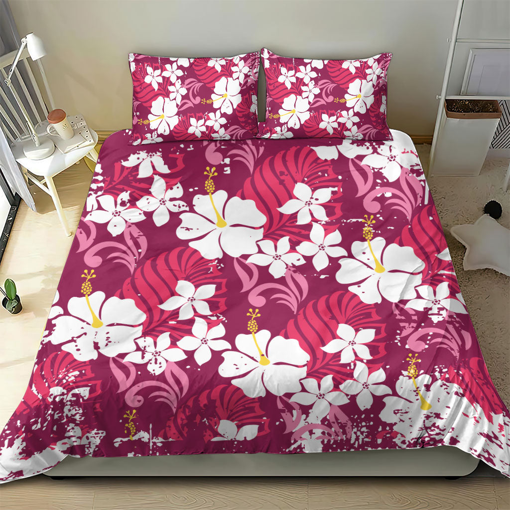 Pink Hawaiian Hibiscus Monstera Bedding Set Grunge Stylized LT01 - Polynesian Pride