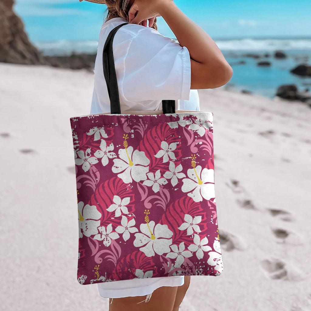 Pink Hawaiian Hibiscus Monstera Tote Bag Grunge Stylized LT01 - Polynesian Pride