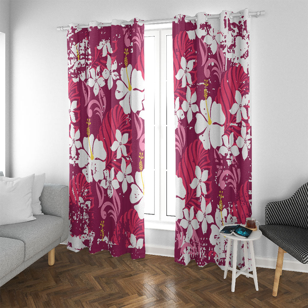 Pink Hawaiian Hibiscus Monstera Window Curtain Grunge Stylized LT01 With Grommets Pink - Polynesian Pride