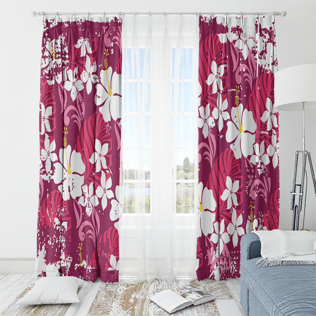Pink Hawaiian Hibiscus Monstera Window Curtain Grunge Stylized LT01 - Polynesian Pride