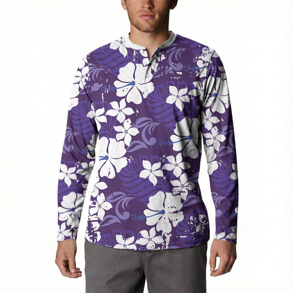 Purple Hawaiian Hibiscus Monstera Button Sweatshirt Grunge Stylized LT01 - Polynesian Pride