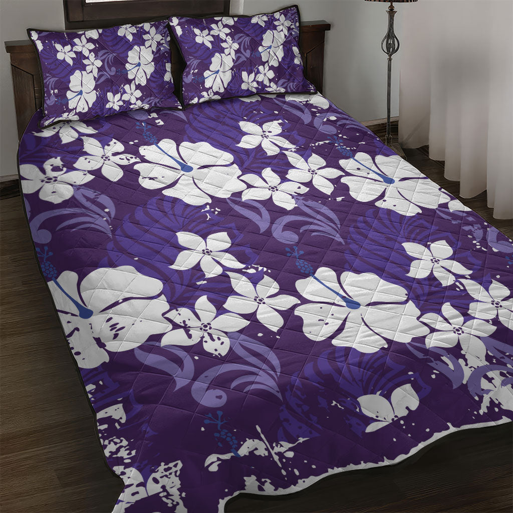 Purple Hawaiian Hibiscus Monstera Quilt Bed Set Grunge Stylized LT01 Purple - Polynesian Pride