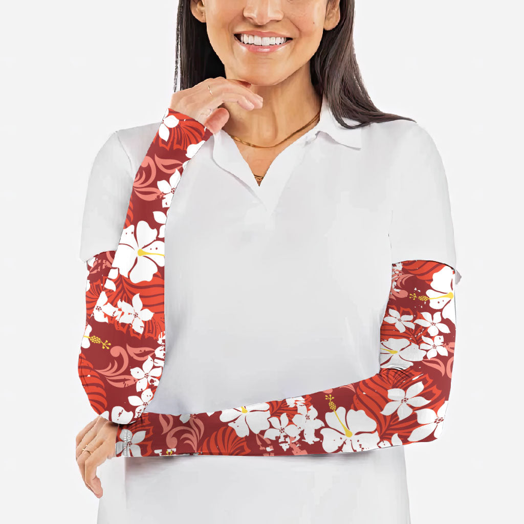 Red Hawaiian Hibiscus Monstera Arm Sleeves Grunge Stylized LT01 - Polynesian Pride