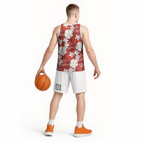 Red Hawaiian Hibiscus Monstera Basketball Jersey Grunge Stylized LT01 - Polynesian Pride