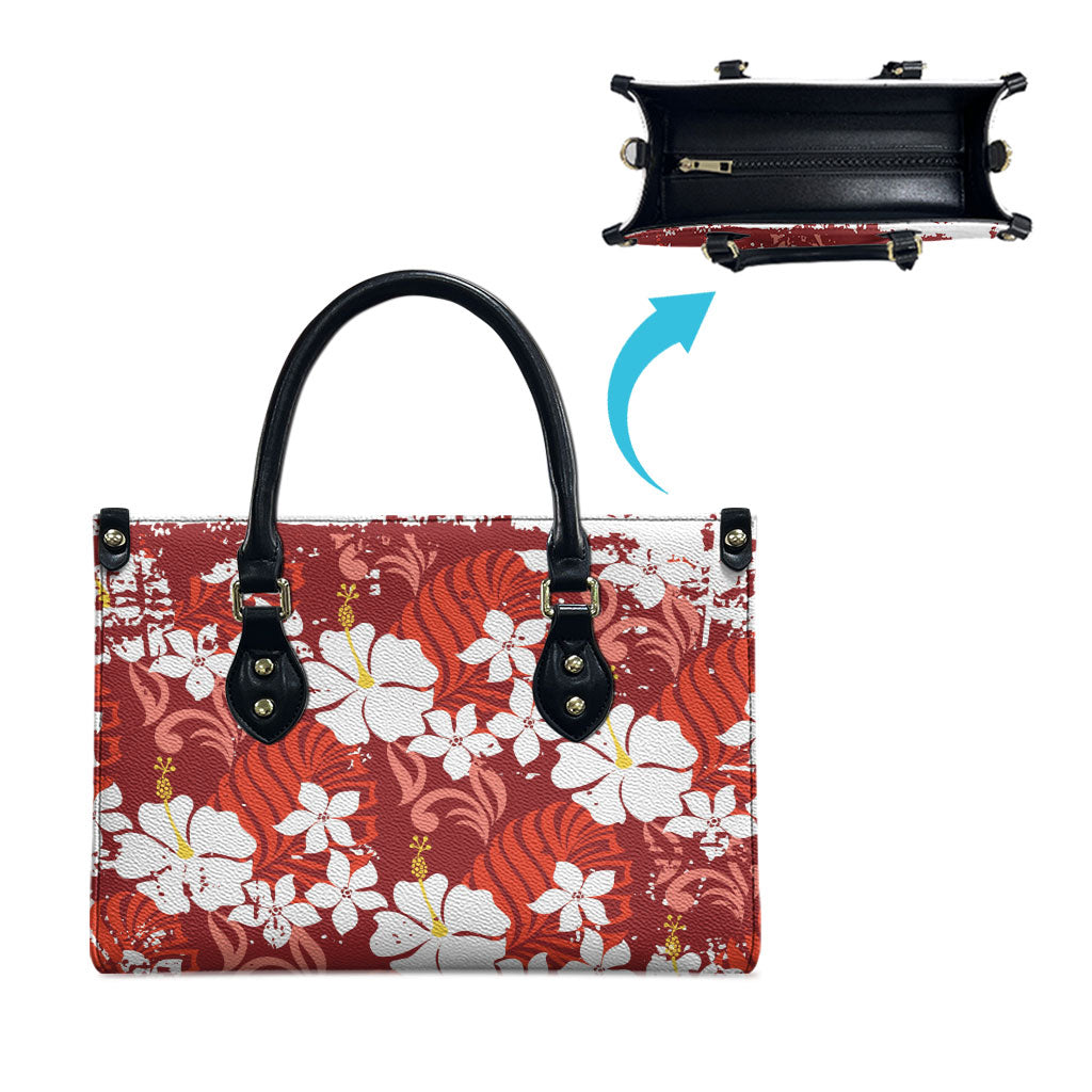 Red Hawaiian Hibiscus Monstera Leather Bag Grunge Stylized LT01 - Polynesian Pride
