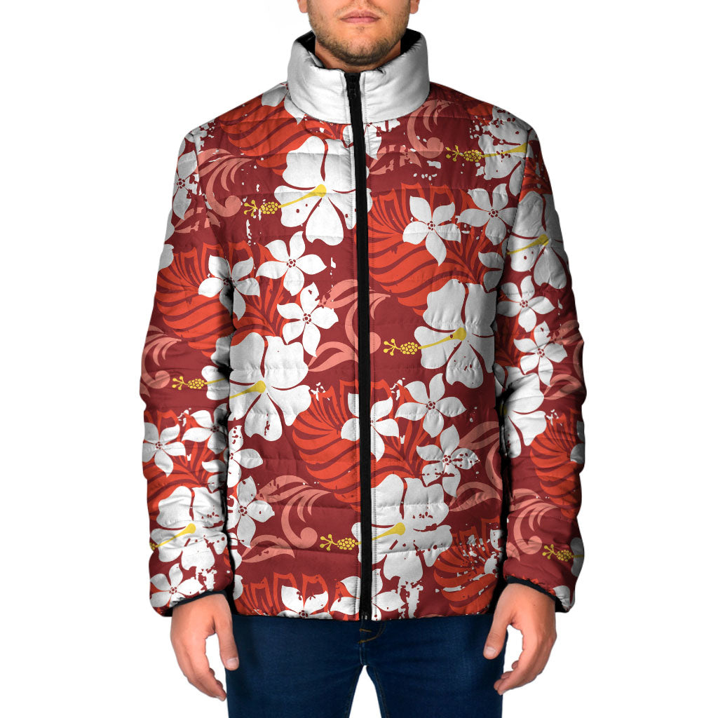 Red Hawaiian Hibiscus Monstera Padded Jacket Grunge Stylized LT01 Men Red - Polynesian Pride