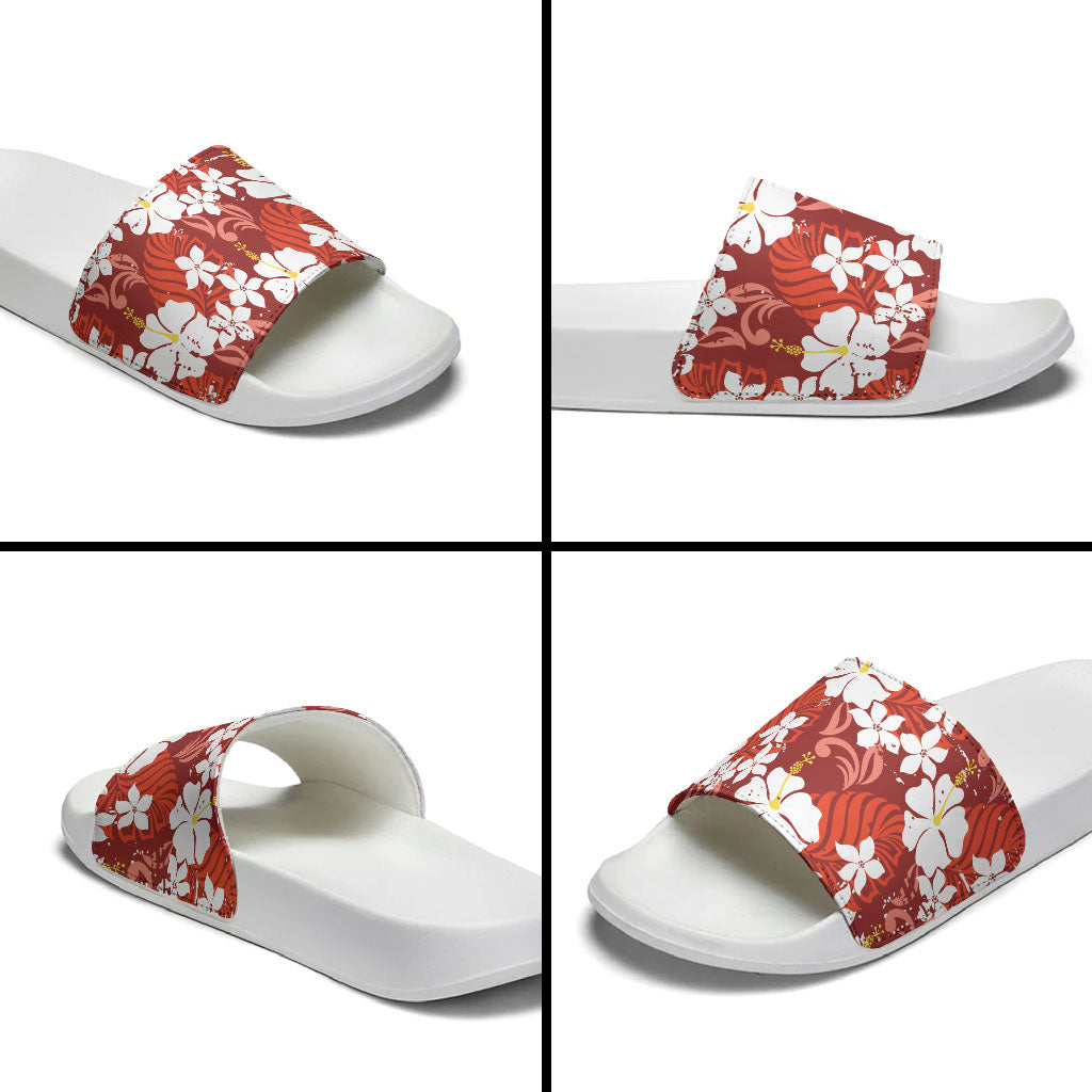 Red Hawaiian Hibiscus Monstera Slide Sandals Grunge Stylized LT01 - Polynesian Pride