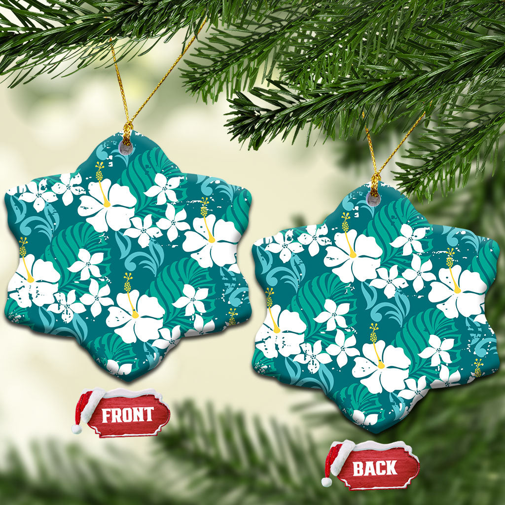 Teal Hawaiian Hibiscus Monstera Ceramic Ornament Grunge Stylized LT01 Snow Flake Teal - Polynesian Pride