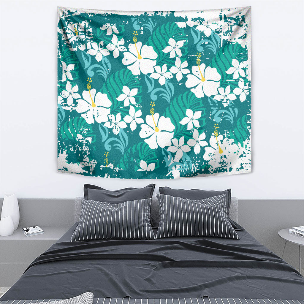 Teal Hawaiian Hibiscus Monstera Tapestry Grunge Stylized LT01 - Polynesian Pride