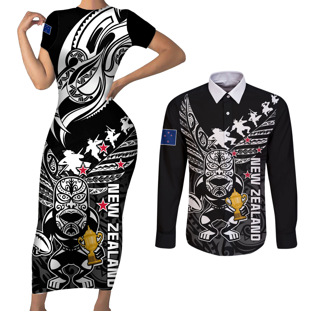 Custom New Zealand Silver Fern Rugby Couples Matching Short Sleeve Bodycon Dress and Long Sleeve Button Shirt Aotearoa Champion 2023 World Cup LT01 Black - Polynesian Pride