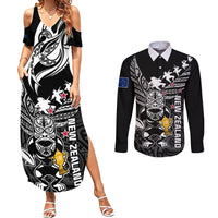 Custom New Zealand Silver Fern Rugby Couples Matching Summer Maxi Dress and Long Sleeve Button Shirt Aotearoa Champion 2023 World Cup LT01 Black - Polynesian Pride