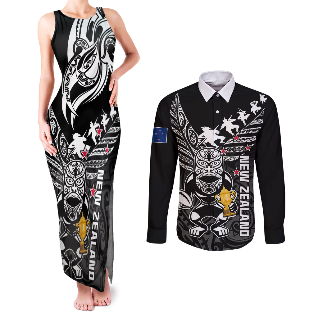 Custom New Zealand Silver Fern Rugby Couples Matching Tank Maxi Dress and Long Sleeve Button Shirt Aotearoa Champion 2023 World Cup LT01 Black - Polynesian Pride