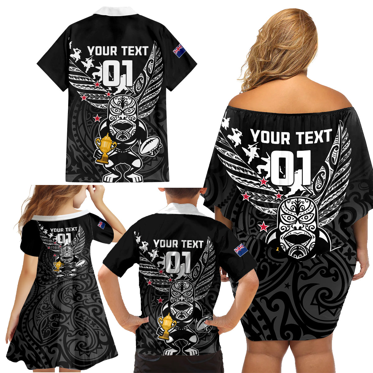 Custom New Zealand Silver Fern Rugby Family Matching Off Shoulder Short Dress and Hawaiian Shirt Aotearoa Champion 2023 World Cup LT01 - Polynesian Pride